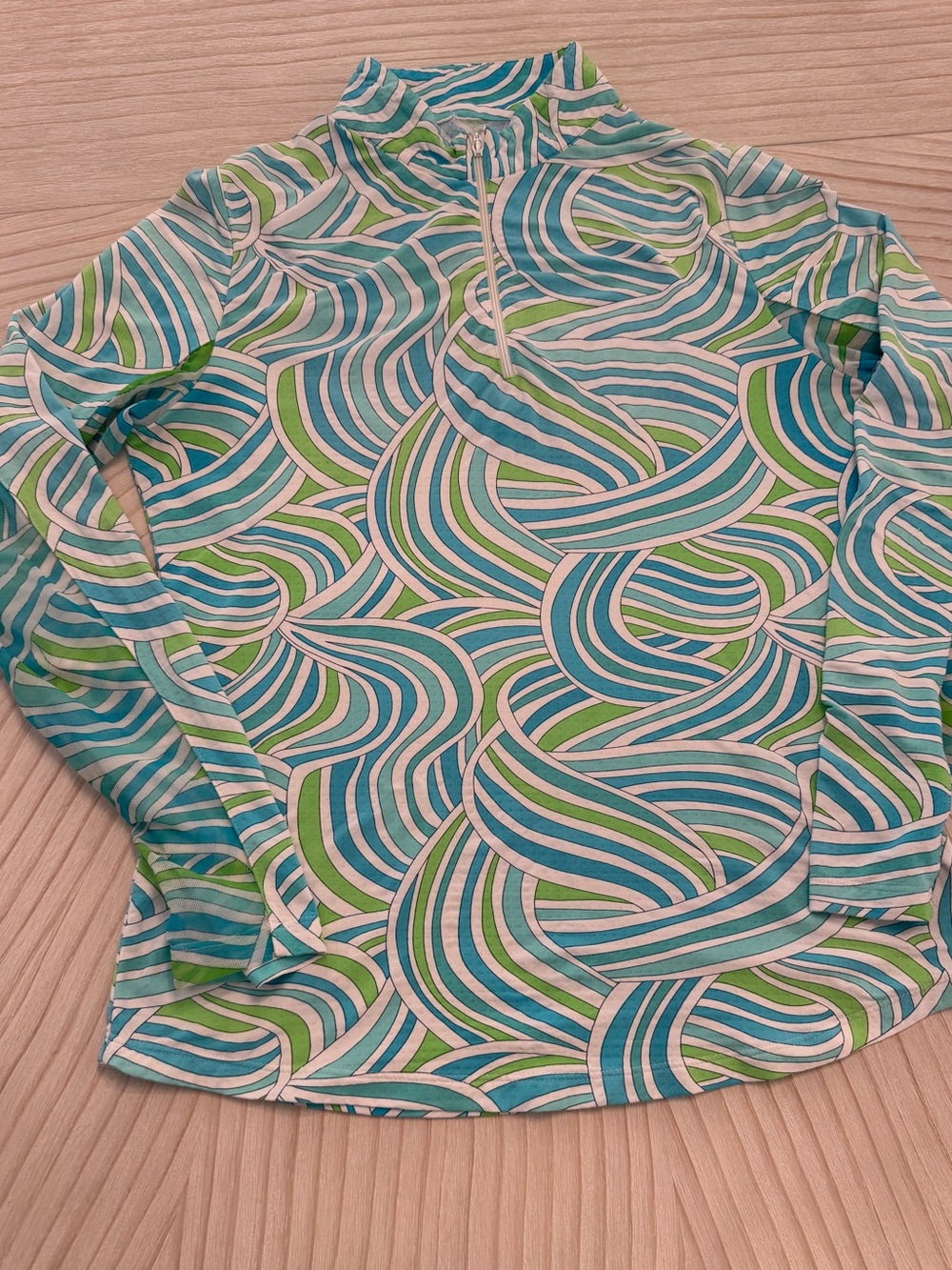 IBKUL Women's Long Sleeve Quarter-Zip Top in Blue, Green & White Swirl